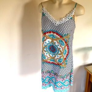 Coco + Carmen V neck adjustable strap lace trim print border mini dress L XL